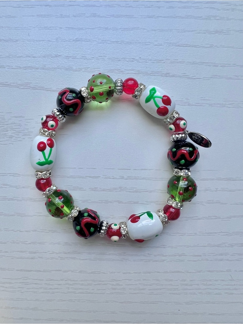 Cherry Motif Glass Beaded Stretch Bracelet